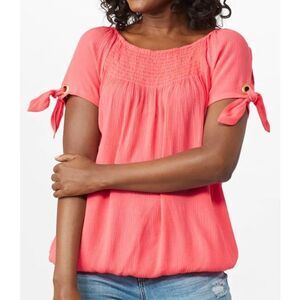 Peasant Grommet Tie Sleeve Top Coral Small | dressbarn